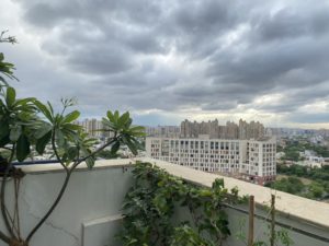 Cloudy sunset sky and terrace view